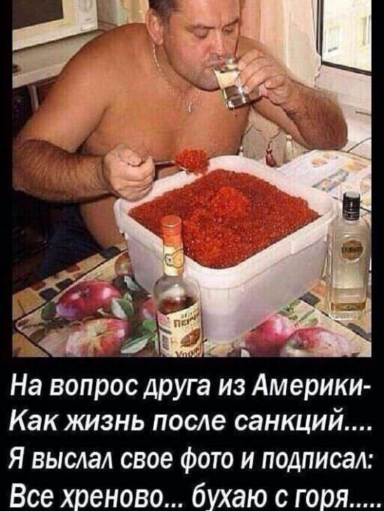 На вопрос друга из Америки Как жизнь после санкций Я выслал свое фото и подписал Все хреново бухаю с горя