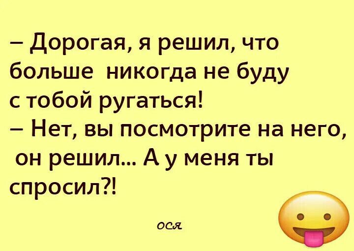 Дорогая я решил что больше никогда не буду с тобой ругаться Нет вы посмотрите на него он решил А у меня ты спросил