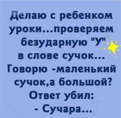 Делаю с ребенком урокипроверяем безударную У в слове сучок Говорю маленький сучока большой Ответ убил Сучара