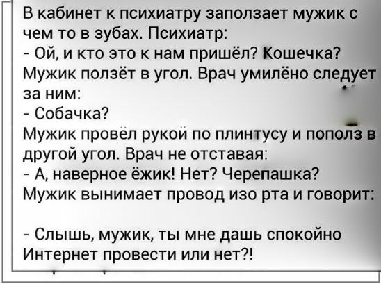 в кабинет к психиатру заползает мужик с чем то в зубах Психиатр Ой и кто это к нам пришёл Кошечка Мужик ползёт в угол Врач умилёно следует за ним Собачка Мужик провёл рукой по плинтусу и пополз в другой угол Врач не отставая А наверное ёжик Нет Черепашка Мужик вынимает провод изо рта и говорит Слышь мужик ты мне дашь спокойно Интернет провести или нет