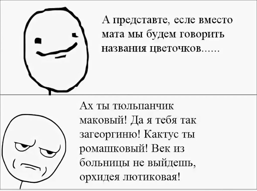 А представте, есле вместо мата мы будем говорить названия цветочков...... Ах ты тюльпанчик маковый! Да я тебя так загеоргиню! Кактус ты ромашковый! Век из больницы не выйдешь, орхидея лютиковая!