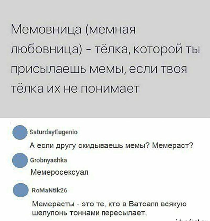 Мемовница мемная любовница Тёлка которой ты присыпаешь мемы если твоя телка их не понимает ЗаштауЕиуепіо А если другу скидываешь мемы Мемераст ЗтоЬпуазЬКа Мемеросексуал ПОМЗНПЮБ Мемерасты ЭТО те КТО В Ватсапп ВСЯКУЮ ШЭЛУПОНЬ ТОННЗМИ пересылает
