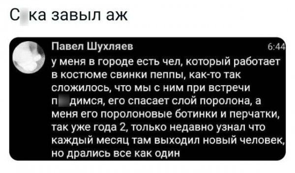 С ка завыл аж Павел Шухляев 44 у меня в городе есть чел который работает в костюме свинки пеппы как то так сложилось что мыс ним при встречи п димся его спасает слой поролона а меня его поролоновые ботинки и перчатки так уже года 2 только недавно узнал что каждый месяц там выходил новый человек но дрались все как один