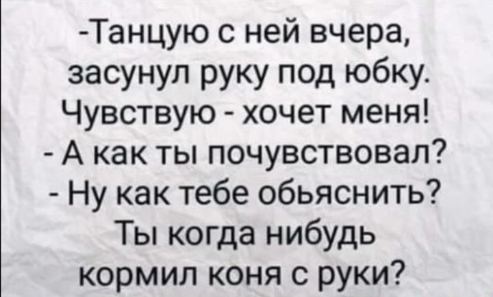 Танцую с ней вчера засунул руку под юбку Чувствую хочет меня А как ты почувствовал Ну как тебе обьяснить Ты когда нибудь кормил коня с руки