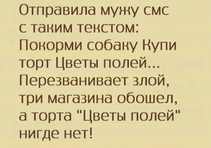 Отправила мужу смс с таким тенстом Понорми собану Нупи торт Цветы полей Перезванивдет злой три магазина обошел а торта Цветы полей нигде нет