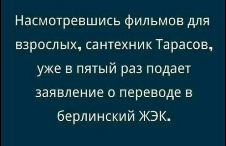 Насмотревшись фильмов для взрослых сантехник Тарасов уже в пятый раз подает заявление о переводе в берлинский ЖЭК