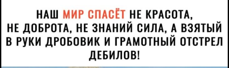НАШ МИР СПАСЁТ НЕ КРАСОТА НЕ ДОБРОТА НЕ ЗНАНИЙ СИЛА А ВЗЯТЫЙ В РУКИ ДРОБОВИК И ГРАМОТНЫЙ ОТСТРЕЛ ДЕБИЛОВ