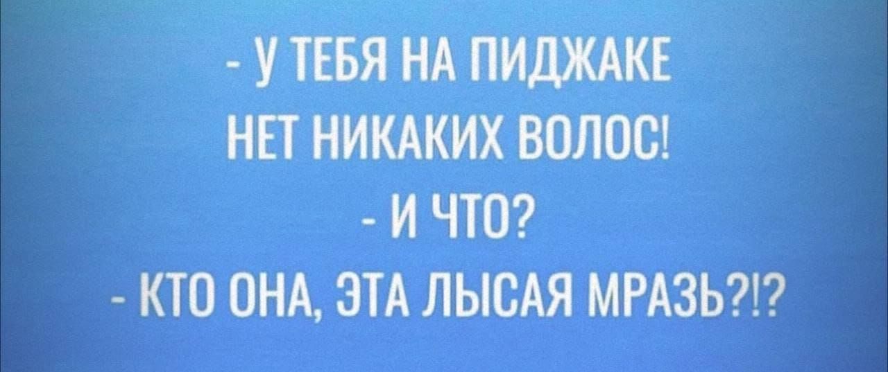 У ТЕБЯ НА ПИДЖАКЕ НЕТ НИКАКИХ ВОЛОС И ЧТО КТО ОНА ЭТА ЛЫОАЯ МРАЗЬ