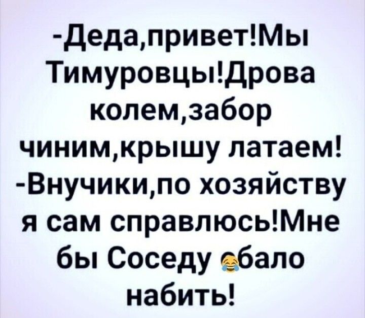 дедаприветМы ТимуровцыДрова колемзабор чинимкрышу патаем Внучикипо хозяйству я сам справлюсьМне бы Соседу ебало набить