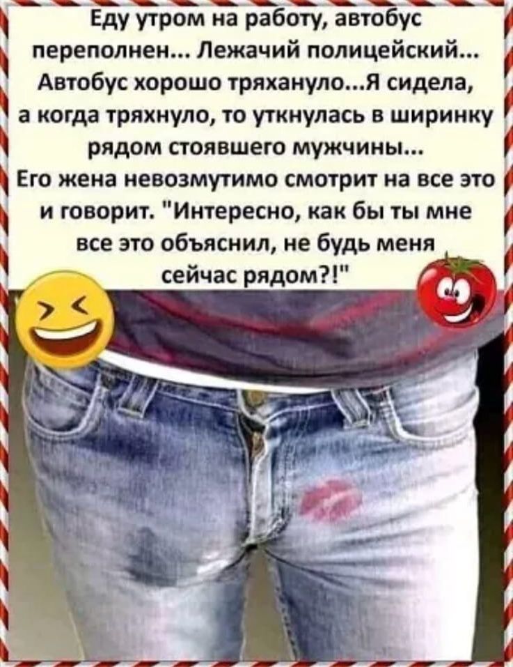 _ ЁуЁрЁл Ё Йогу автобус переполнен Лежачий полицейский Автобус хорошо тряханулоя сидела а когда тряхнуло то уткнулась в ширинку рядом стоявшего мужчины Его жена невозмутимо смотрит на все это и говорит Интересно как бы ты мне все это объяснил не будь меня