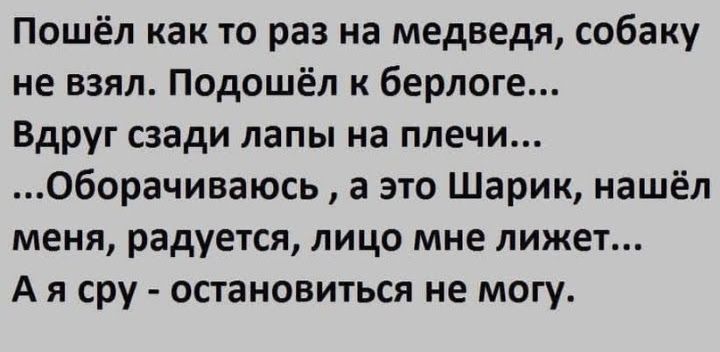 Пошёл как то раз на медведя собаку не взял Подошёл к берлоге Вдруг сзади лапы на плечи Оборачиваюсь а это Шарик нашёл меня радуется лицо мне лижет А я сру остановиться не могу