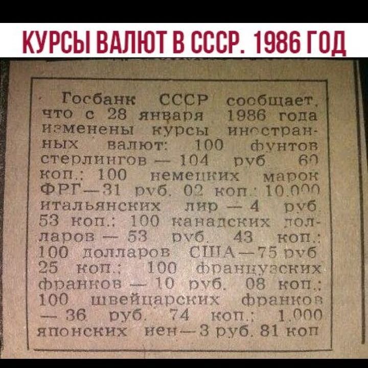 _ КУРСЫ ВАЛЮТ В СССР 1986 ГОД Госбанк СССР совбщает что с 28 января 1986 года изменены КУРСЫ ИНГСТраНЙ ных яяпют фун тп степлгшгщм 101 руб на и д мч цб