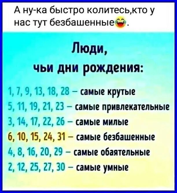 А нука быстро колитеськто у нас тут безбашенные . Люди, чьи дни рождения: 8, 28  самые крутые 1, 19, 21, 23  самые привлекательные 3, 14, 17, 22, 26  самые милые 6, 10, 15, 24, 31  самые безбашенные 4, в, 16, 20, 29  самые обаятельные 2, 12, 25, 27, 30  самые умные