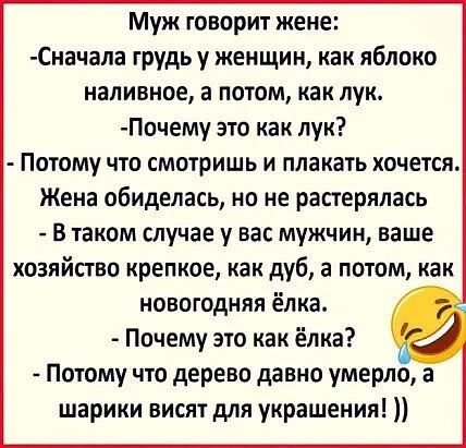 Муж говорит жене начала грудь у женщин как яблоко наливное а потом как лук Почему это как лук Потому что смотришь и плакать хочется Жена обиделась но не раперялась В таком случае у вас мужчин наше хозяйство крепкое как дуб а потом как новогодняя ёлка Почему это как ёлка Потому что дерево давно умерло а шарики висят для украшения