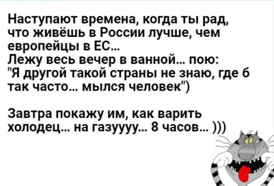 Наступают времена когда ты рад что живёшь в России лучше чем европейцы в ЕС Лежу весь вечер в ванной пою Я другой такой страны не знаю где 6 так часто мылся человек Завтра покажу им как варить холодец на газуууу 8 часов _