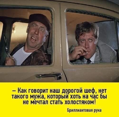 Как говорит наш дорогой шеф нет такого мужа которыи хоть на час бы не мечтал стать холостяком Бриллиантовая рука