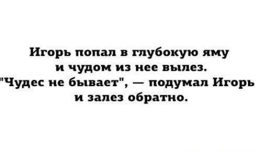 Игорь попал в глубокую яму и чудом из нее вылез Чудес не бывает подумал Игорь и залез обратив