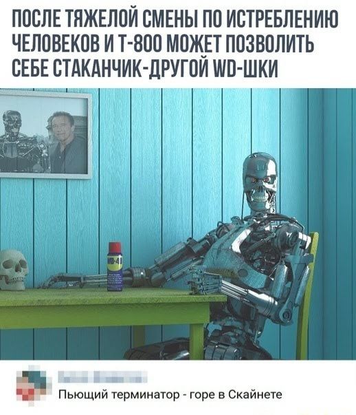 ППСЛЕ ТПЖЕППЙ ВМЕНЫ ПП ИВТРЕБЛЕНИЮ ЧЕЛОВЕКПВ И Т ЗПП М0Ж_ЕТ ППЗВППИТЬ СЕБЕ БТАКАНЧИК ЦРУГПИ ШП ШКИ т 1 7 Пьющий гермииатор горе в Скайнет