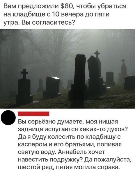Вам предложили 80 чтобы убраться на кладбище с 10 вечера до пяти утра Вы согласитесь _ Вы серьёзно думаете моя нищая задница испугается какихто духов да я буду колесить по кладбищу с каспером и его братьями попивая святую воду Аннабель очет навестить подружку Да пожалуйста шестой ряд пятая могила справа