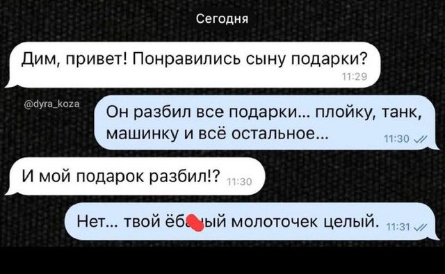 Сегодня Дим привет Понравились сыну подарки Он разбил все подарки плойку танк машинку и всё остальное И мой подарок разбил Нет твой ёбдый молоточек целый