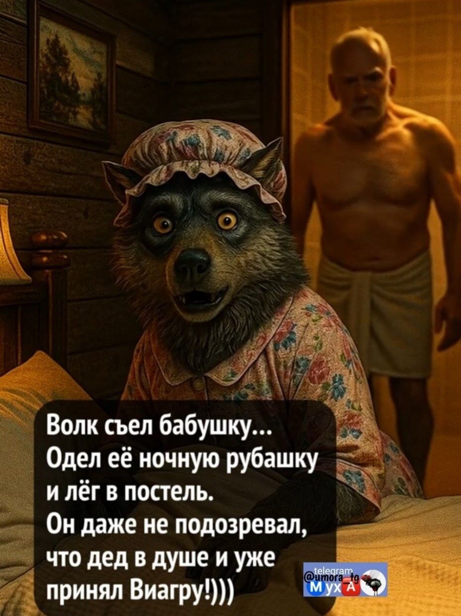 Волк съел бабушку... Одел её ночную рубашку и лёг в постель. Он даже не подозревал, что дед в душе и уже принял Виагру!!)