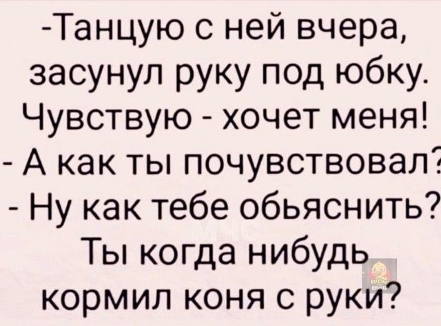 -Танцую с ней вчера, засунул руку под юбку. Чувствую - хочет меня!
- А как ты почувствовал?
- Ну как тебе объяснить?
Ты когда нибудь кормил коня с руки?