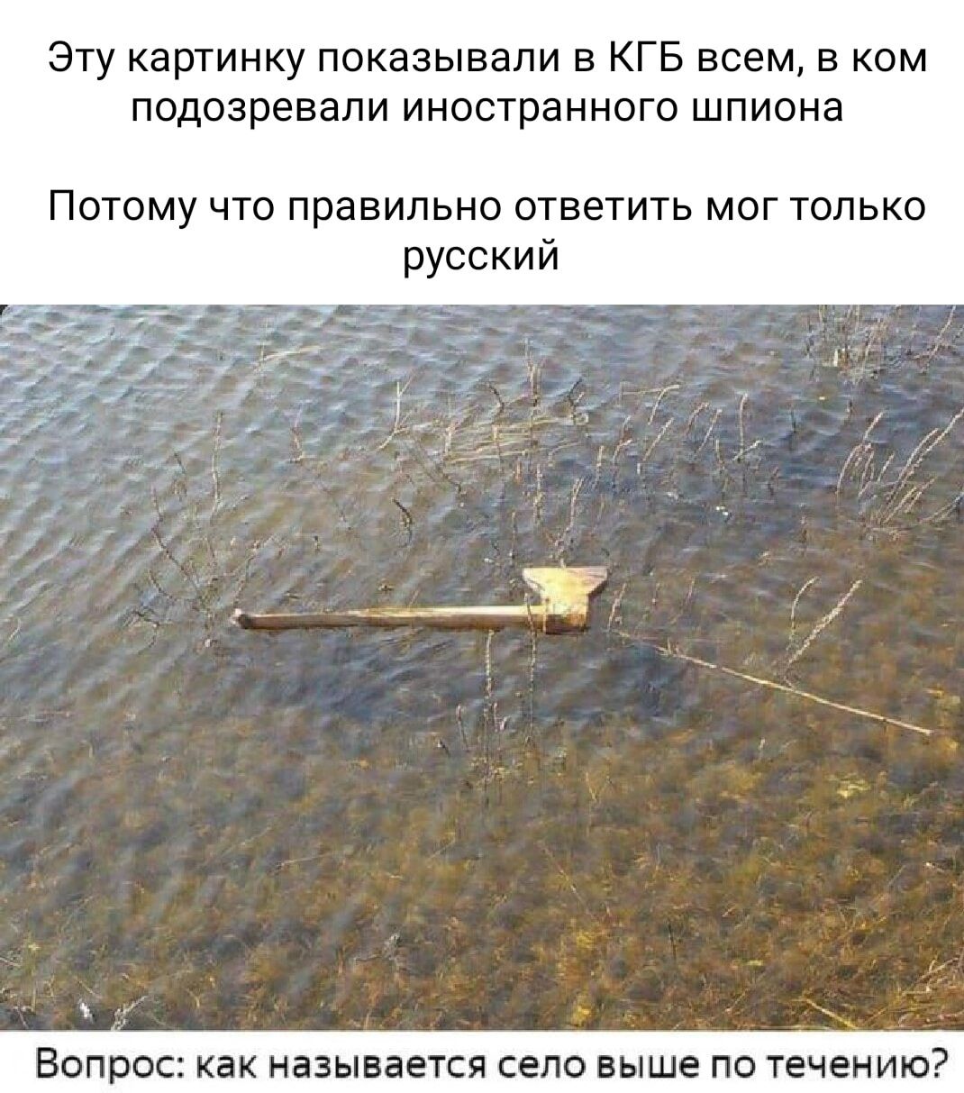 Эту картинку показывали в КГБ всем, в ком подозревали иностранного шпиона
Потому что правильно ответить мог только русский
Вопрос: как называется село выше по течению?