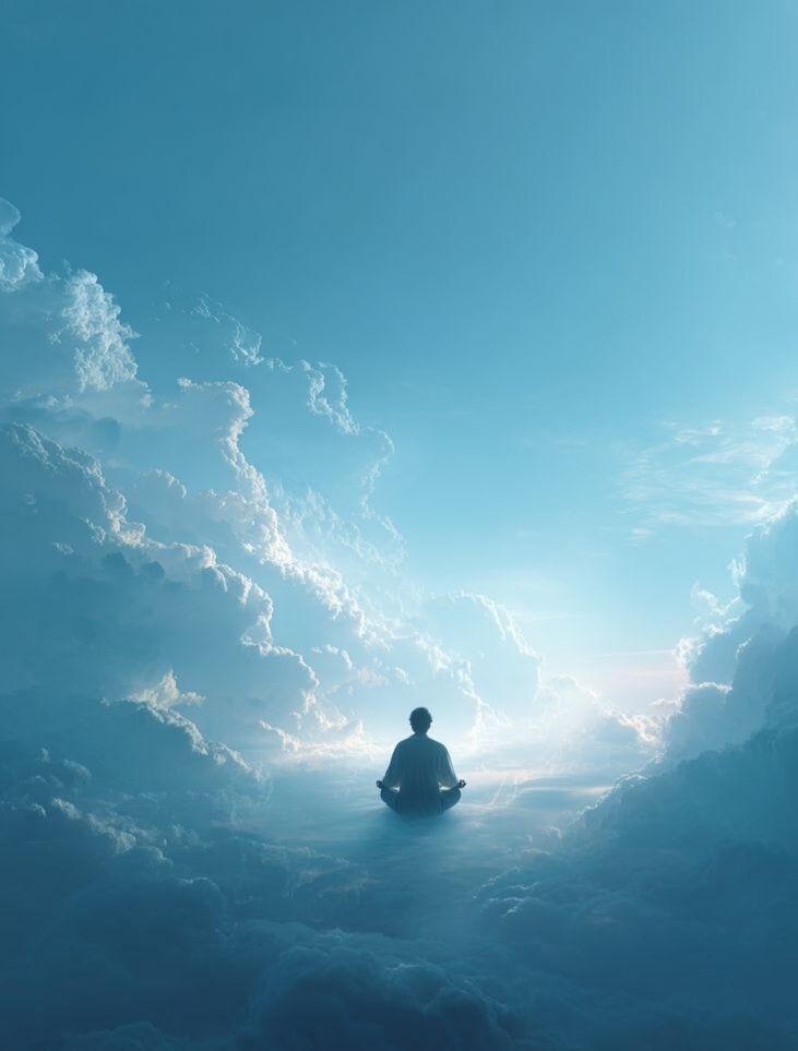Человек сидит спиной к зрителю на облаках в небе.
