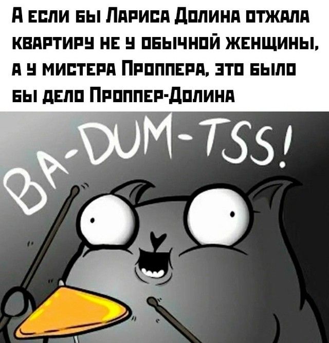 А ЕСЛИ БЫ ЛАРИСА ДОЛИНА ОТЖАЛА КВАРТИРУ НЕ У ОБЫЧНОЙ ЖЕНЩИНЫ, А У МИСТЕРА ПРОППЕРА, ЭТО БЫЛО БЫ ДЕЛО ПРОППЕР-ДОЛИНА
BA-DUM-TSS!