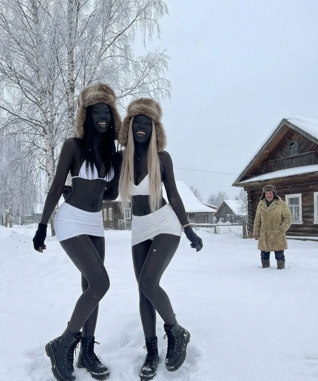 Две женщины в снегу в белых топах и шортах в меховых ушанках на фоне деревенской застройки.