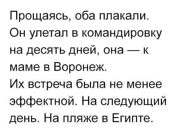 Прощаясь, оба плакали. Он улетел в командировку на десять дней, она — к маме в Воронеж. Их встреча была не менее эффектной. На следующий день. На пляже в Египте.