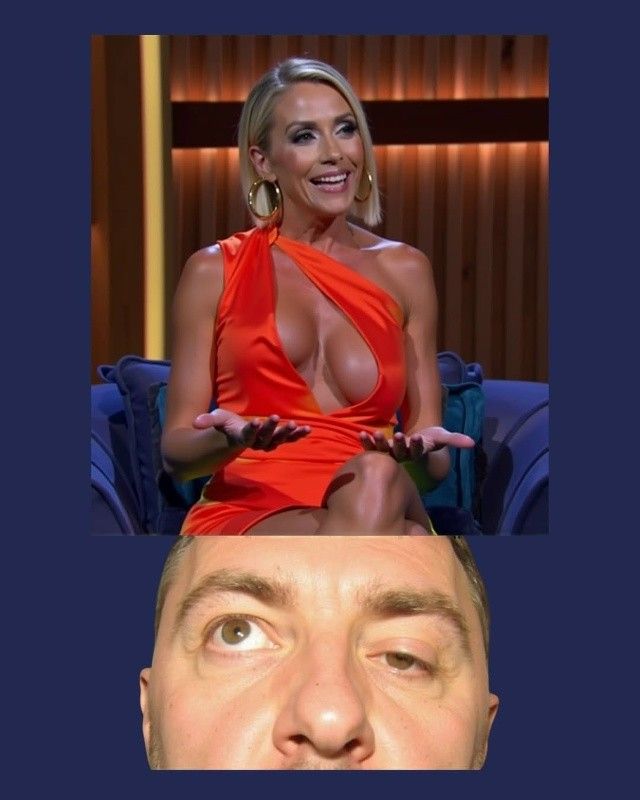  collage: женщина в красном откровенном платье сверху, снизу крупный план лица мужчины