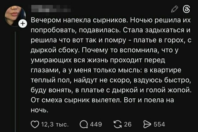 Вечером напекла сырников. Ночью решила их попробовать, подавилась. Стала задыхаться и решила что вот так и помру — платье в дырке сбоку. Почему-то вспомнила, что умирающих вся жизнь проходит перед глазами, а у меня только мысль: в квартире тёплый пол, найдут ко мне, быстро, быстро, буду воять, в платье с дыркой и голой жопой. От смеха сырник вылетел. Вот и поела на ночь.