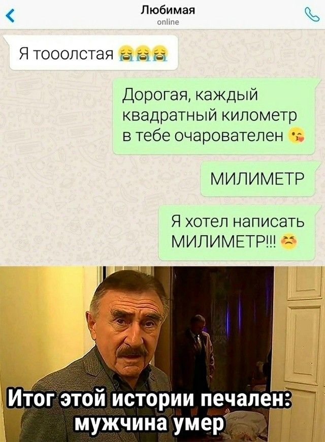 Любимая online Я тооолстая 😭😭😭 Дорогая, каждый квадратный километр в тебе очарователен 🥰 МИЛЛИМЕТР Я хотел написать МИЛЛИМЕТР!!! 😩 Итог этой истории печален: мужчина умер