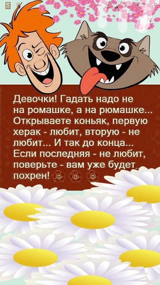 Девочки Гадать надо не на ромашке а на рюмашке Открываете коньяк первую херак любит вторую не любит И так до конца Если последняя не любит поверьте вам уже будет