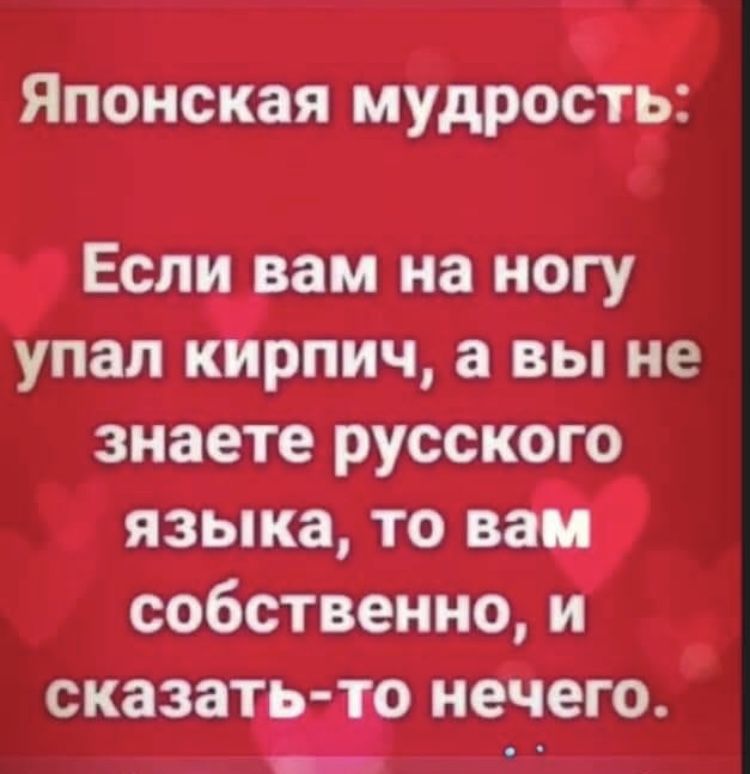 Японская мудрость Если вам на ногу упал кирпич а вы не знаете русского языка то вам собственно и сказать то нечего