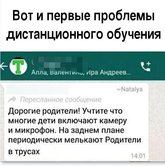 Вот и первые проблемы дистанционного обучения д видит три Андриса Дорогие родители Учтите что многие дети включают камеру и микрофон На заднем плане периодически мелькают Родители В трусах