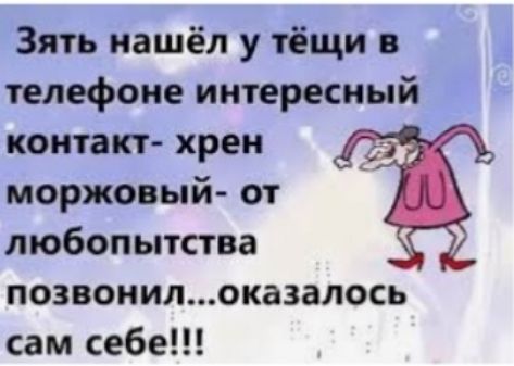 Зять нашёл у тёщи в телефоне интересный контакт хрен моржовый от любопытства позвонилоказалось сам себе