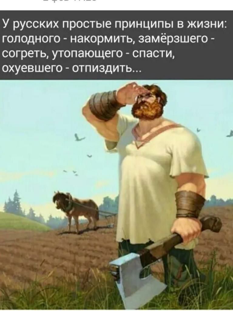 У русских простые принципы в жизни голодного накормить замёрзшего согреть утопающего спасти охуевшего отпиздить