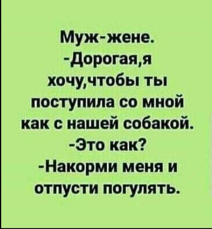 Муж жене дорогаяя хочучтобы ты поступила со мной как с нашей собакой Это как Накорми меня и отпусти погулять