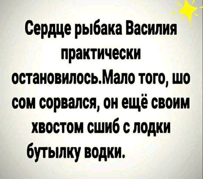 Сердце рыбака Василияё практически остановилосьМало того шо сом сорвался он ещё своим хвостом сшиб с лодки бутылку водки