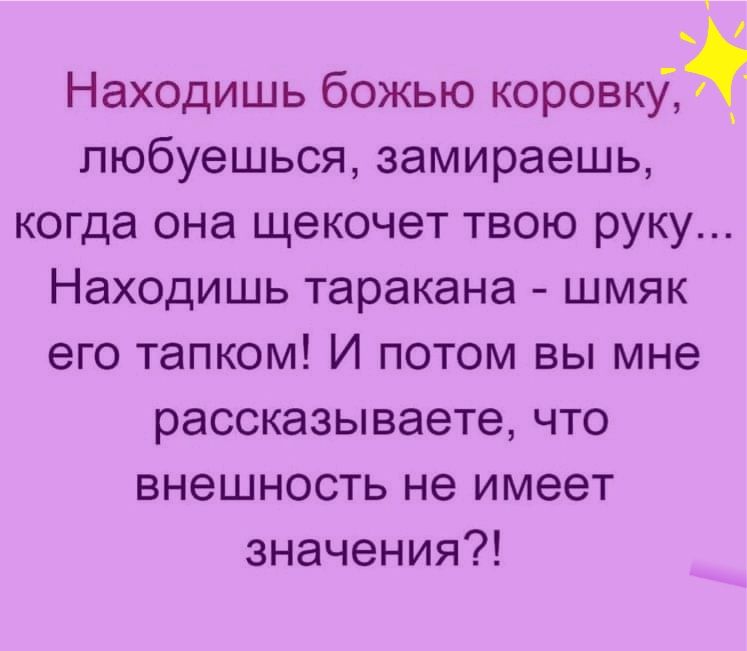 Находишь божью коровку_ любуешься замираешь когда она щекочет твою руку Находишь таракана шмяк его тапком И потом вы мне рассказываете что внешность не имеет значения