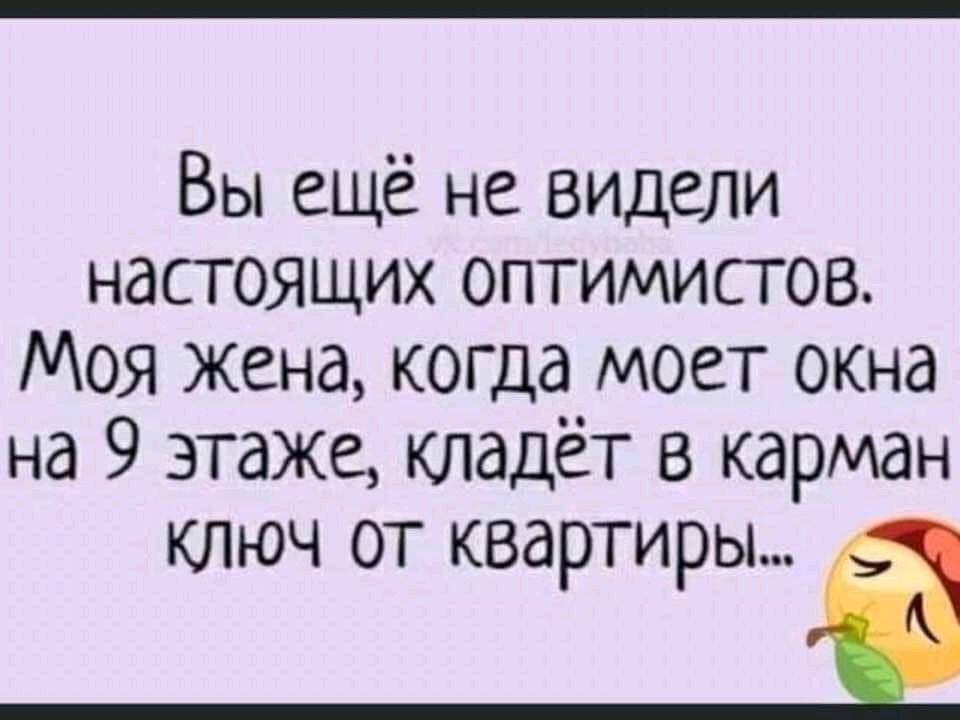 Вы ещё не видели настоящих оптимистов Моя жена когда моет окна на 9 этаже кладёт в карман ключ от квартиры а