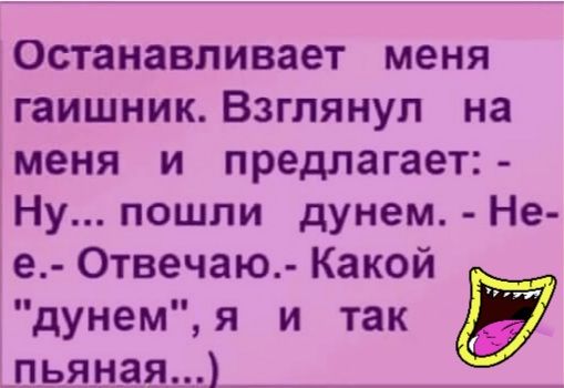 Останавливает меня гаишник Взглянул на меня и предлагает Ну пошли дунемНе е Отвечаю Какой дунемя и так у пьяная _