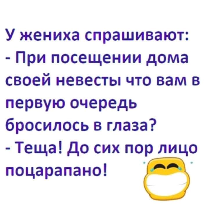 У жениха спрашивают При посещении дома своей невесты что вам в первую очередь бросилось в глаза Теща До сих пор лицо поцарапано