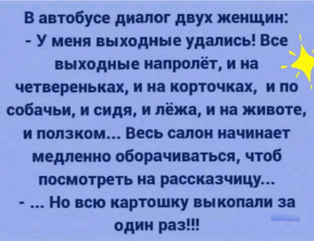 В автобусе диалог двух женщин У меня выходные удались Все выходные напролёт и на четвереньках и на корточках и по собачьи и сиди и лёжа и на животе и попзком Весь салон начинает медленно оборачиваться чтоб посмотреть на рассказчицу Но всю картошку выкопали за один раз