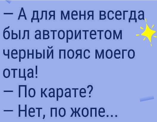 А для меня всегда был авторитетом черный пояс моего отца По карате Нет по жопе