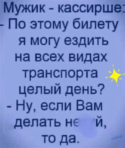 Мужик кассирше По этому билету я могу ездить на всех видах _ транспорта целый день Ну если Вам делать не й то да