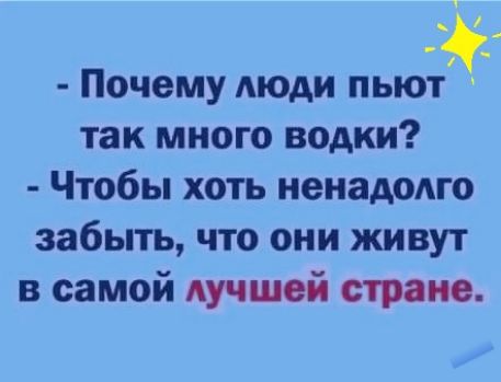 Почему люди пьют так много водки Чтобы хоть ненадолго забыть что они живут в самой Аучшей стране