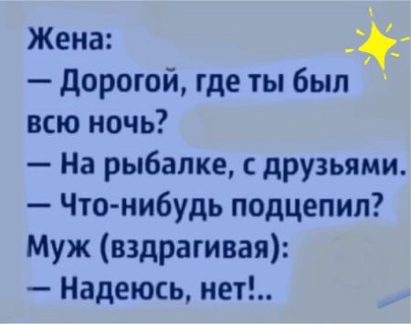 Жена дорогой где ты был всю ночь На рыбалке с друзьями Что нибудь подцепил Муж вздрагивая Надеюсь нет